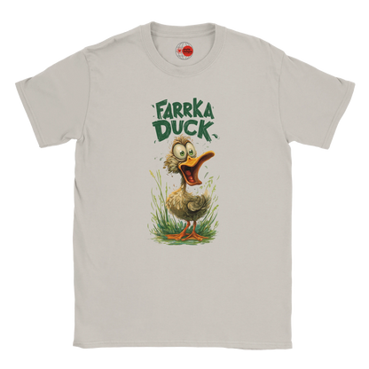 White t-shirt with a cartoon duck graphic and 'Farrka Duck' text on a white background