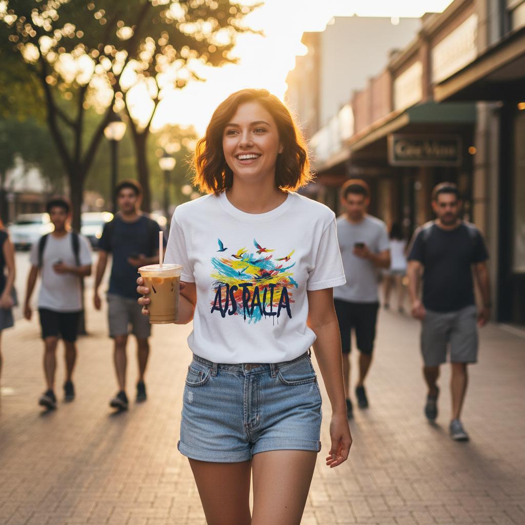 Woman walking on a street holding a coffee cup, wearing a 'Australia' t-shirt.
