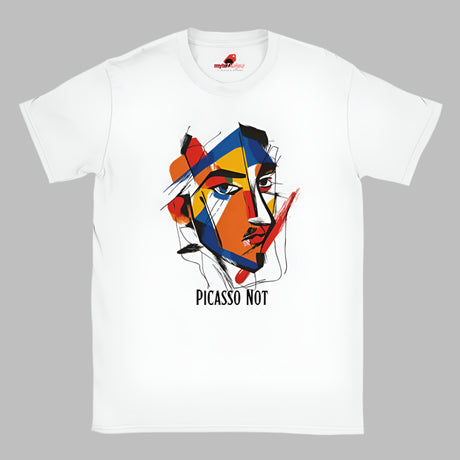 White unisex t-shirt featuring abstract cubist face artwork with bold colors and modern line design