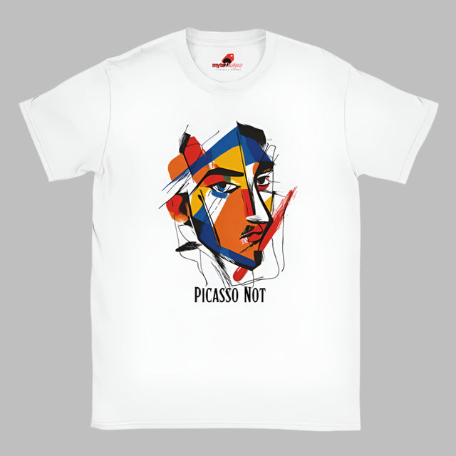 White unisex t-shirt featuring abstract cubist face artwork with bold colors and modern line design