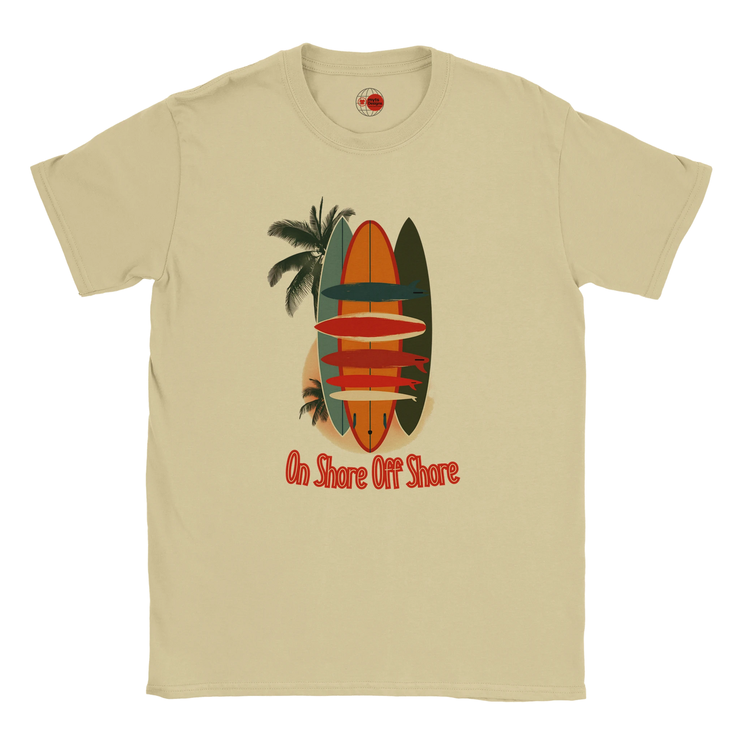 Natural t-shirt with surfboard and palm tree design on a white background