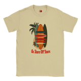Natural t-shirt with surfboard and palm tree design on a white background