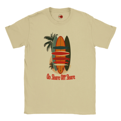 Natural t-shirt with surfboard and palm tree design on a white background