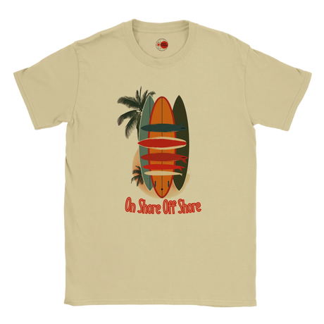 Natural t-shirt with surfboard and palm tree design on a white background