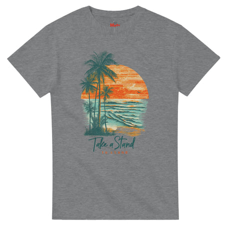 Gray t-shirt with a tropical sunset design and 'Take a Stand' text on a white background
