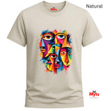 A Natural crewneck t-shirt featuring a colorful graphic print of stylized faces with eyes, displayed on a white background with 'Myts' brand logos and a 'Natural' label.