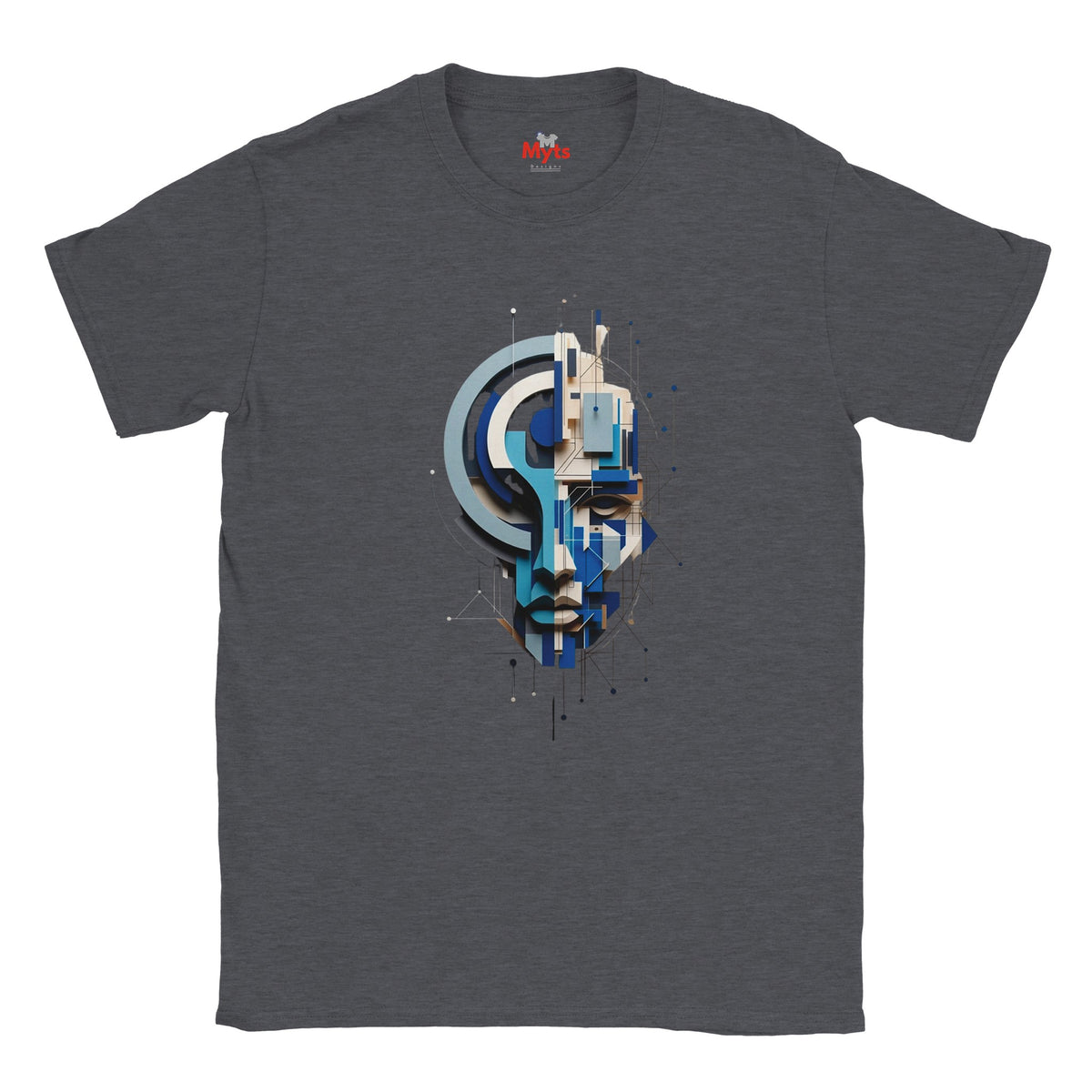 A dark heather gray crewneck t-shirt featuring a central graphic print of a stylized face composed of blue, white, and beige geometric shapes.