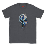 A dark heather gray crewneck t-shirt featuring a central graphic print of a stylized face composed of blue, white, and beige geometric shapes.