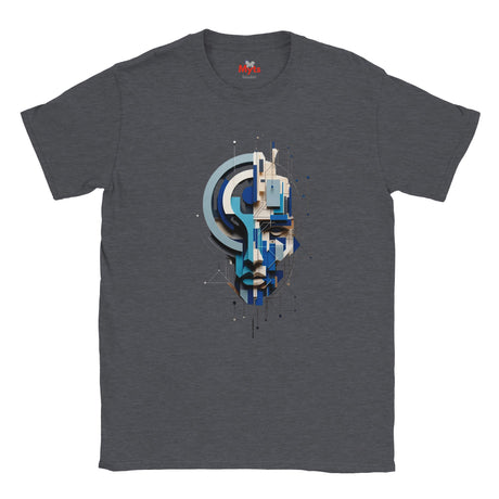 A dark heather gray crewneck t-shirt featuring a central graphic print of a stylized face composed of blue, white, and beige geometric shapes.