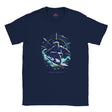 Navy blue t-shirt with a space-themed graphic of a person on a surfboard, branded 'Myts'.