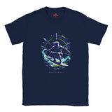 Navy blue t-shirt with a space-themed graphic of a person on a surfboard, branded 'Myts'.