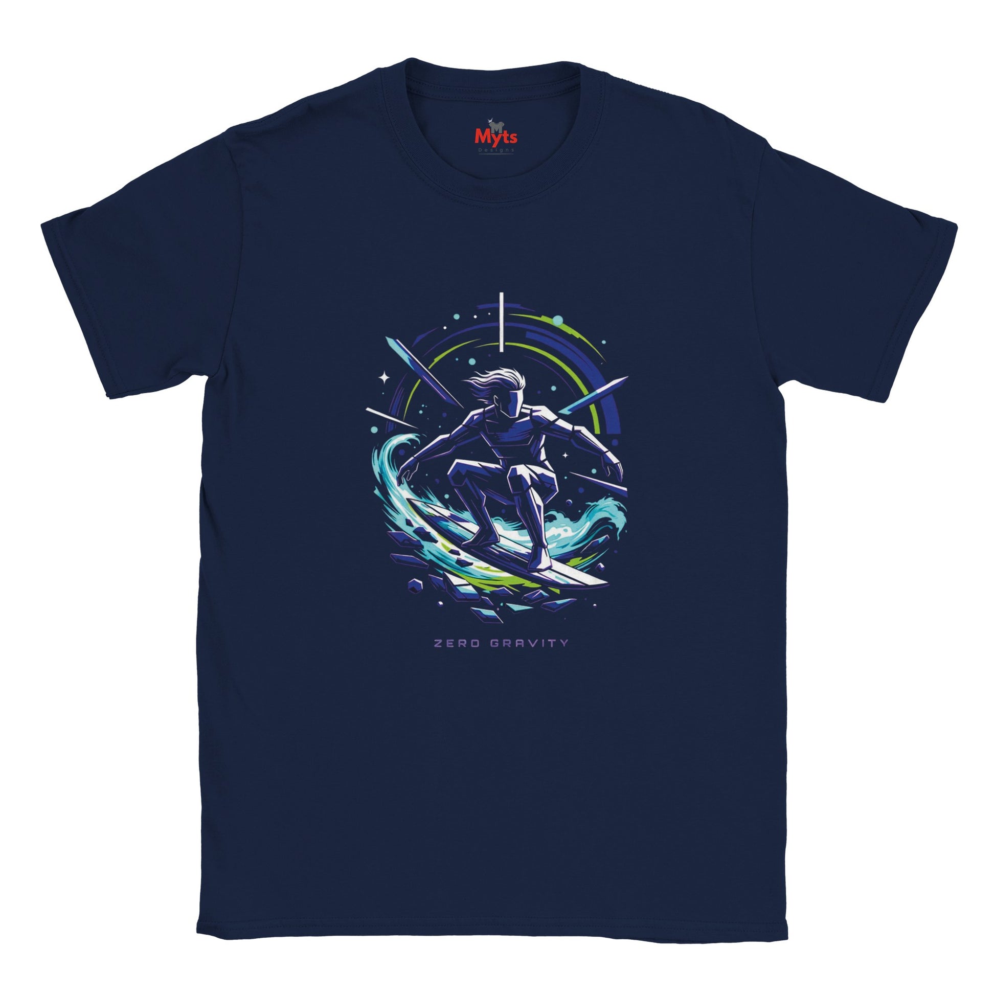 Navy blue t-shirt with a space-themed graphic of a person on a surfboard, branded 'Myts'.