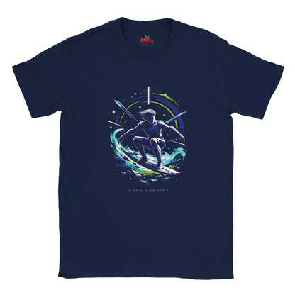 Navy blue t-shirt with a space-themed graphic of a person on a surfboard, branded 'Myts'.