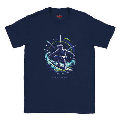 Navy blue t-shirt with a space-themed graphic of a person on a surfboard, branded 'Myts'.