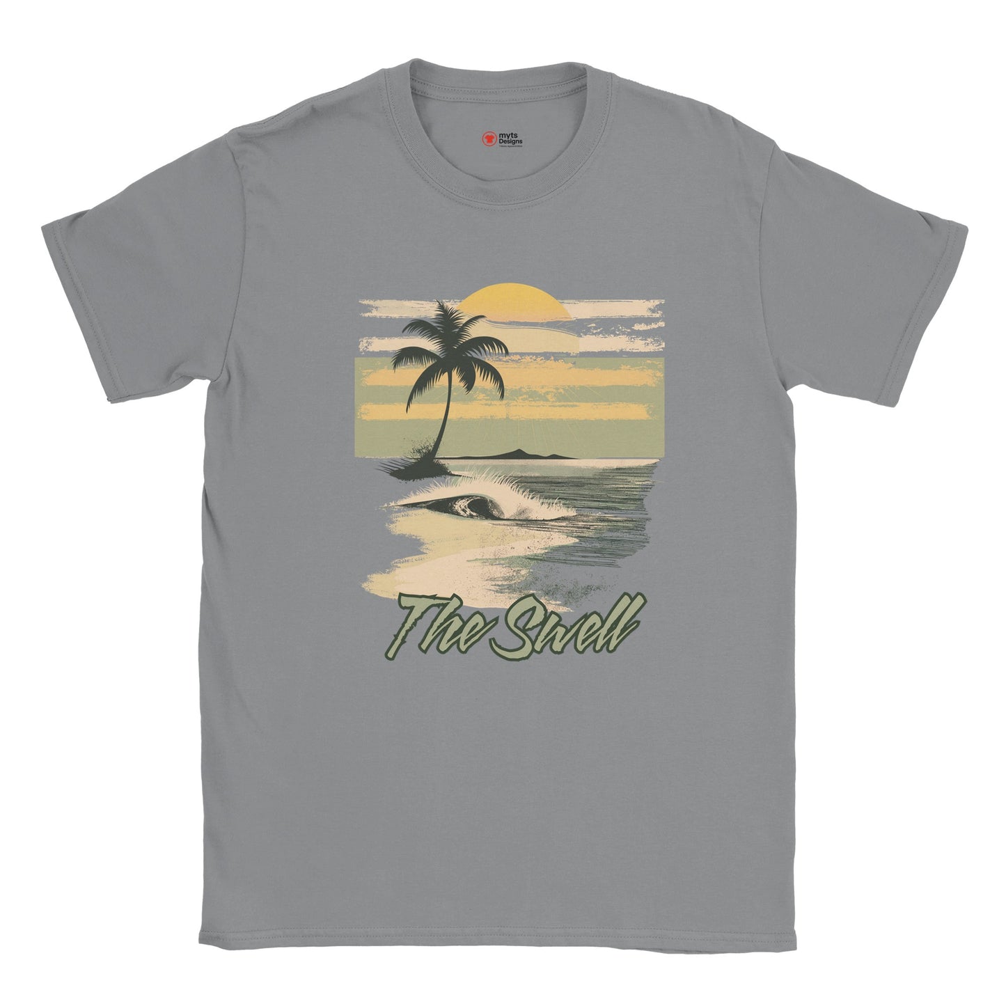 Gray t-shirt with a tropical graphic and 'The Swell' text on a white background