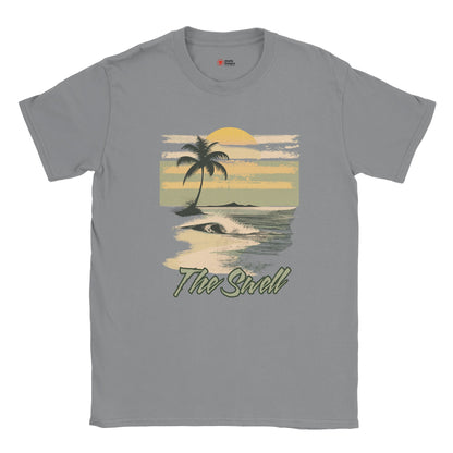 Gray t-shirt with a tropical graphic and 'The Swell' text on a white background