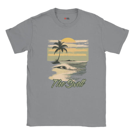 Gray t-shirt with a tropical graphic and 'The Swell' text on a white background