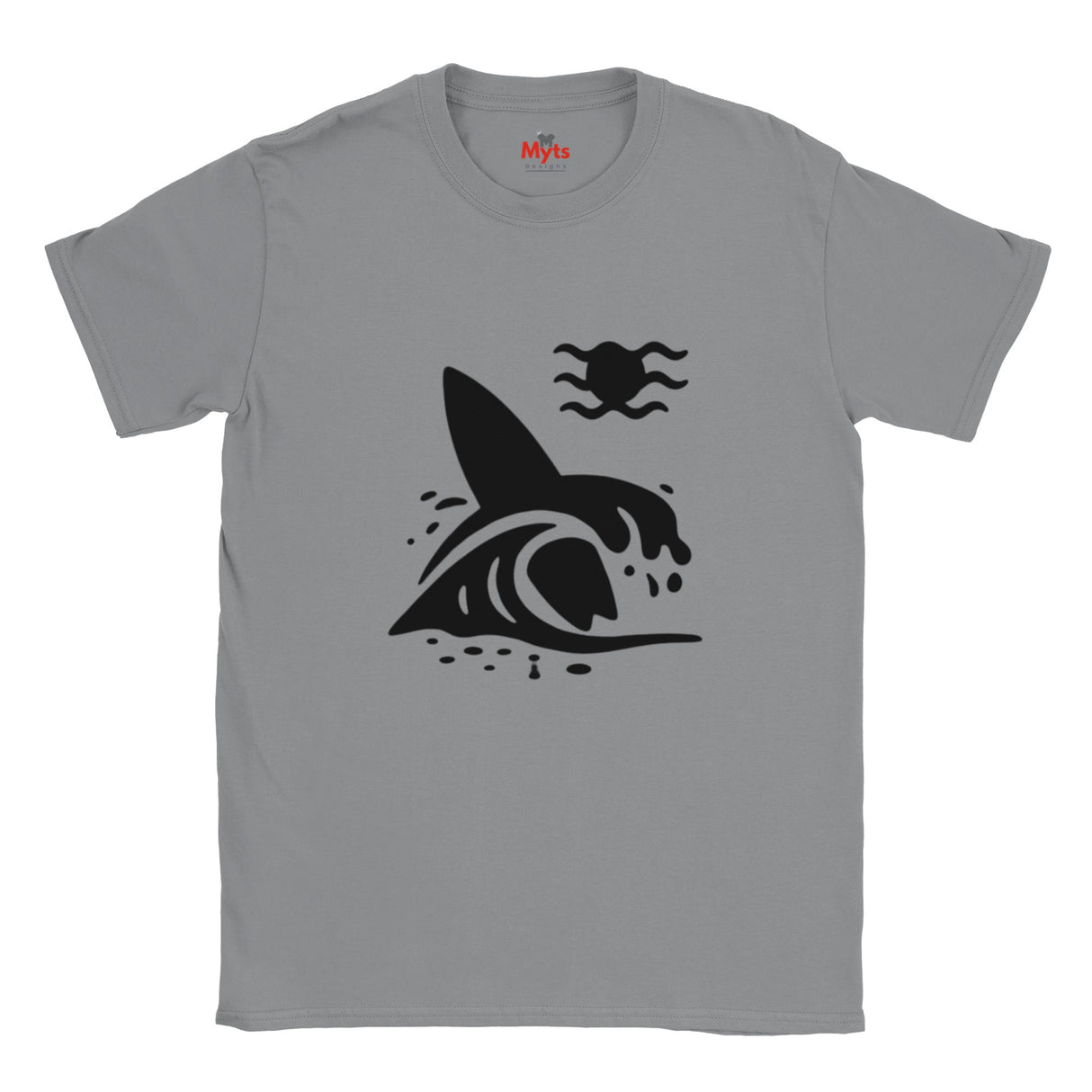 Gray t-shirt with a black graphic design on a white background