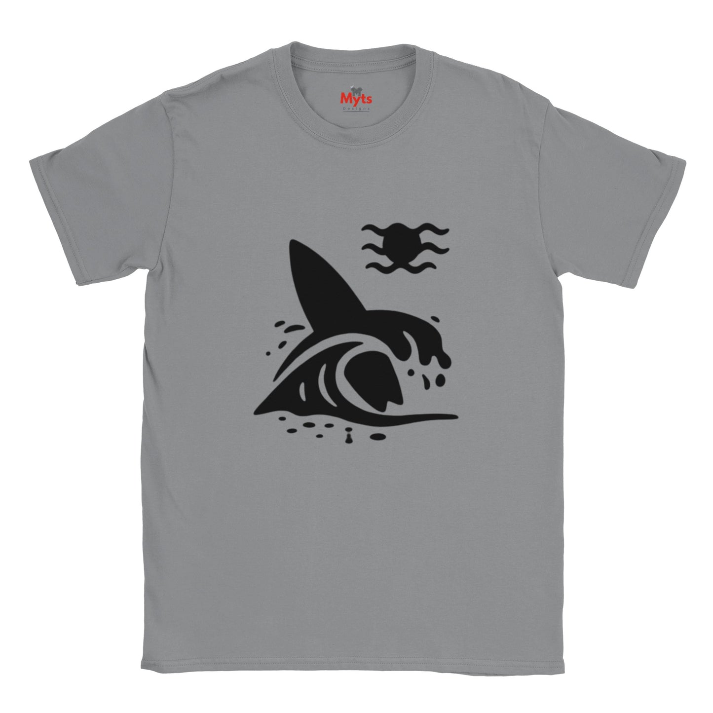 Gray t-shirt with a black graphic design on a white background