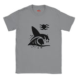 Gray t-shirt with a black graphic design on a white background
