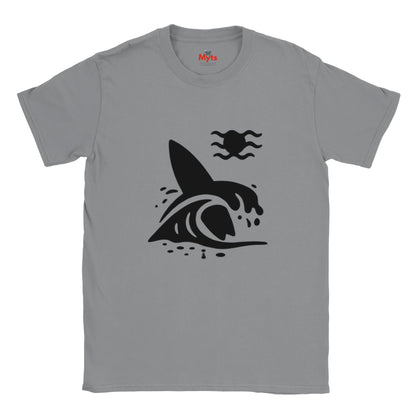 Gray t-shirt with a black graphic design on a white background
