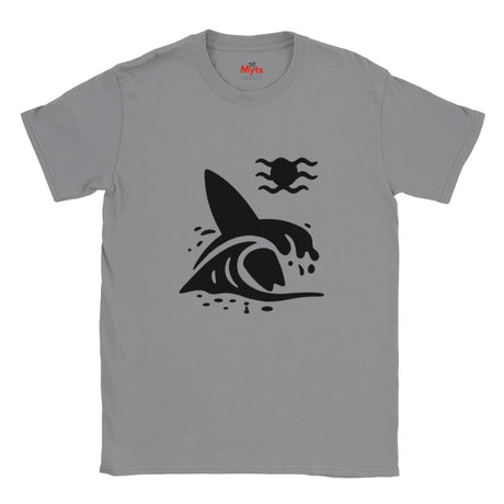 Gray t-shirt with a black graphic design on a white background