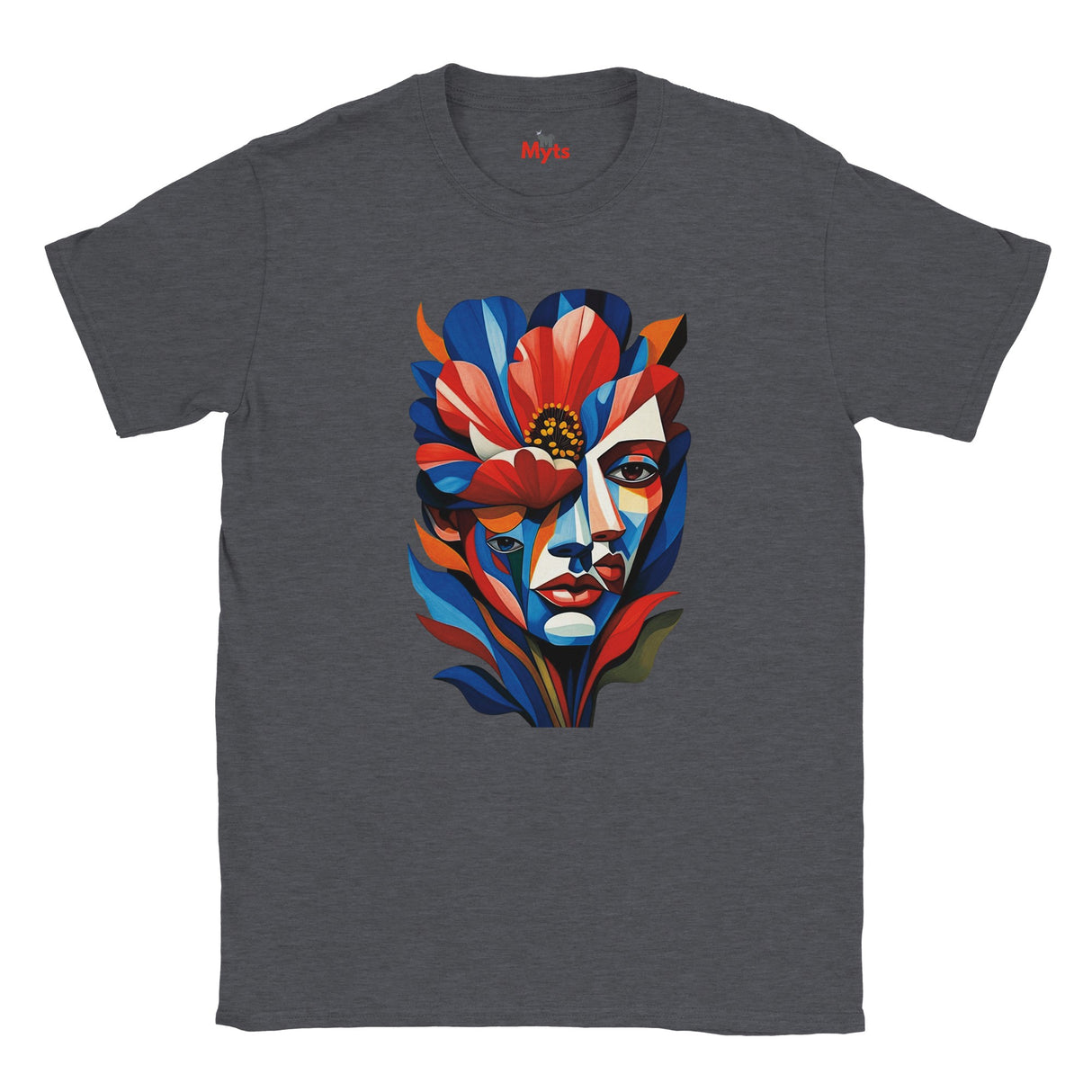 Dark Heather T-shirt featuring a colourful abstract floral face portrait with layered blue, red, coral and yellow geometric shapes, flowers and botanical leaves.