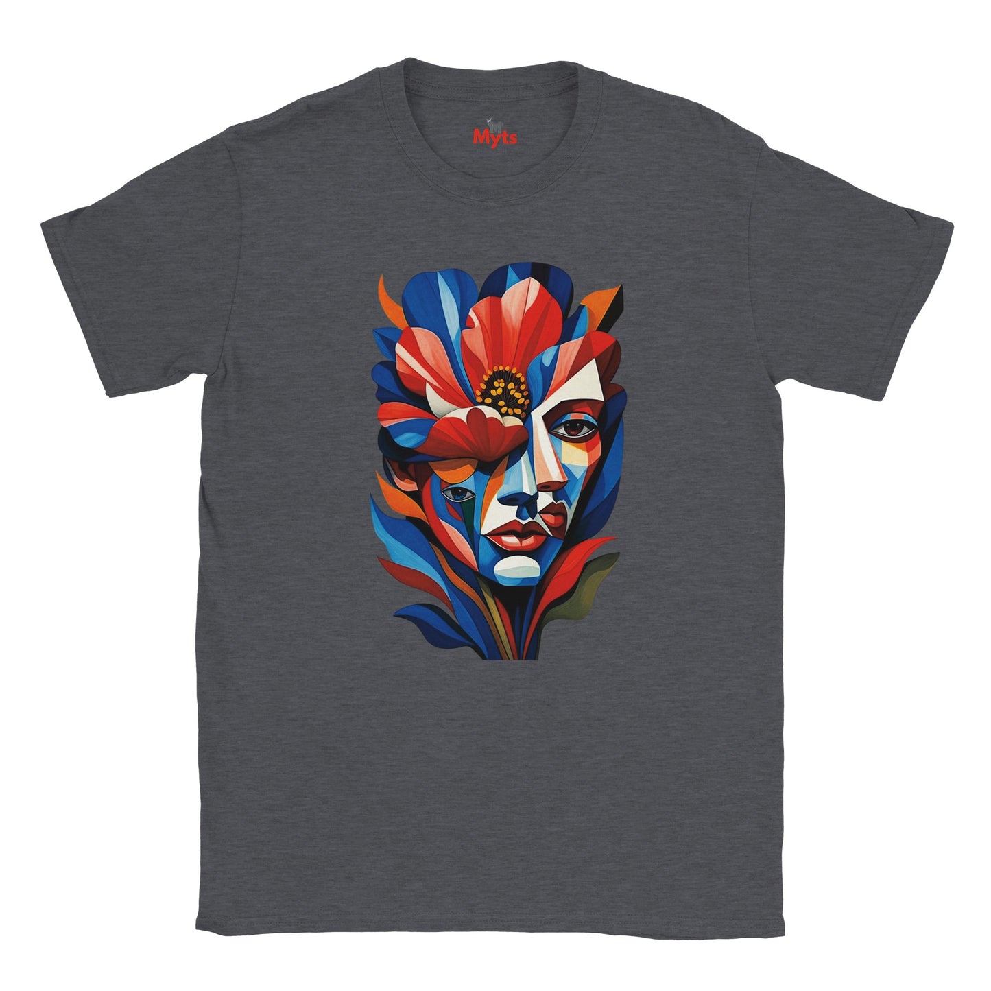 Dark Heather T-shirt featuring a colourful abstract floral face portrait with layered blue, red, coral and yellow geometric shapes, flowers and botanical leaves.