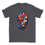 Dark Heather T-shirt featuring a colourful abstract floral face portrait with layered blue, red, coral and yellow geometric shapes, flowers and botanical leaves.