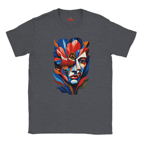 Dark Heather T-shirt featuring a colourful abstract floral face portrait with layered blue, red, coral and yellow geometric shapes, flowers and botanical leaves.