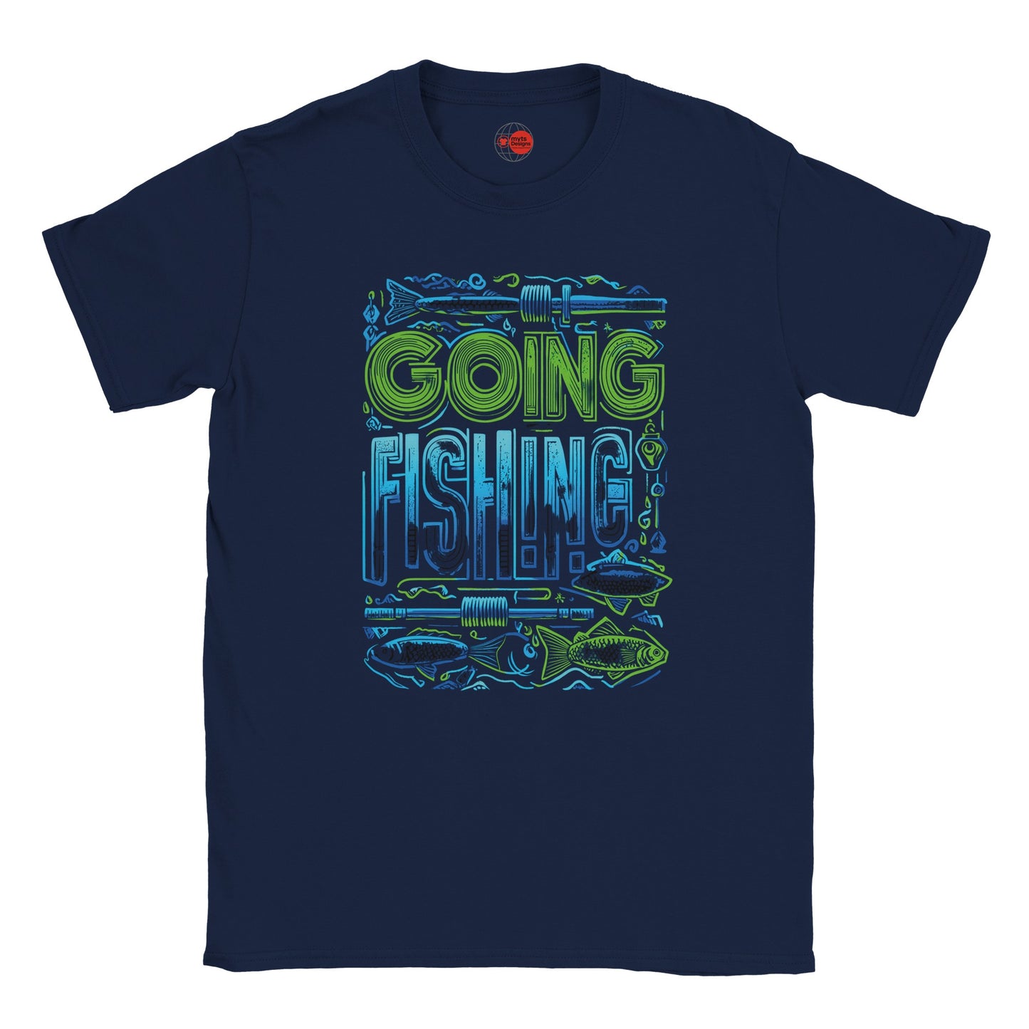 Navy blue t-shirt with 'Going Fishing' graphic design on a white background