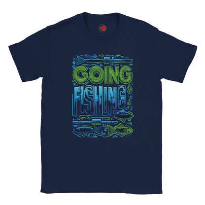 Navy blue t-shirt with 'Going Fishing' graphic design on a white background