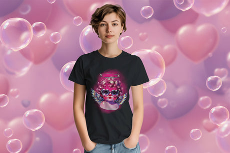 Person wearing a black t-shirt with a colorful graphic design on a bubbly hearts background