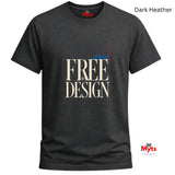 A dark heather gray t-shirt with a graphic print reading 'FREE BY DESIGN' in beige, featuring a small red and blue geometric accent. The brand 'Myts' is visible on the inner neck label and as a watermark logo in the bottom right corner.