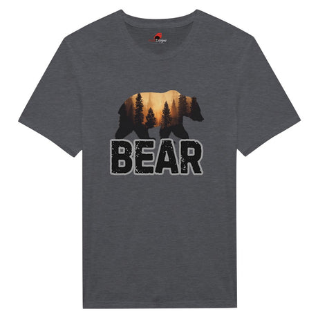 A dark heather unisex t-shirt with a bold black bear graphic and the word 'BEAR' below it, set against a wilderness backdrop.