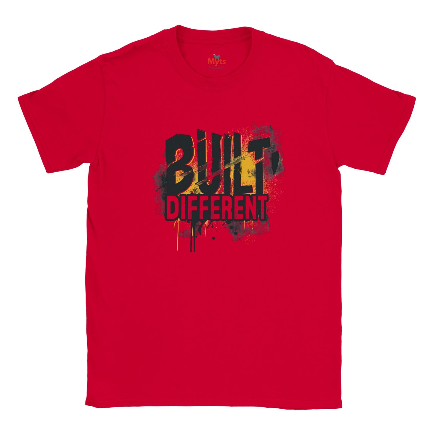Red t-shirt with 'Built Different' text on a white background