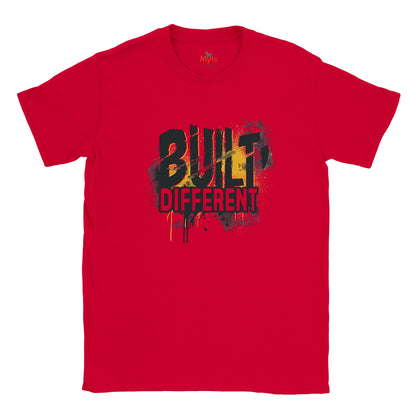 Red t-shirt with 'Built Different' text on a white background