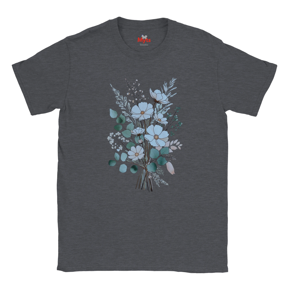 A dark heather gray crewneck t-shirt featuring a watercolor-style floral bouquet graphic in light blue, teal, and sage green tones on the front, displayed against a solid white background.