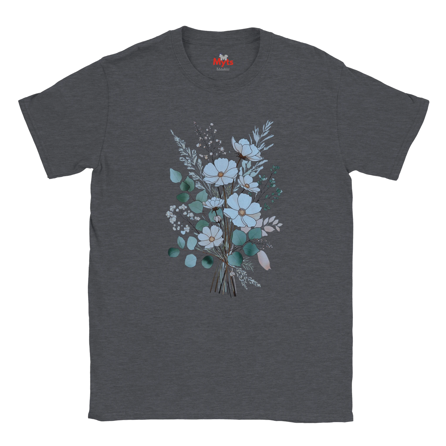 A dark heather gray crewneck t-shirt featuring a watercolor-style floral bouquet graphic in light blue, teal, and sage green tones on the front, displayed against a solid white background.