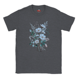 A dark heather gray crewneck t-shirt featuring a watercolor-style floral bouquet graphic in light blue, teal, and sage green tones on the front, displayed against a solid white background.