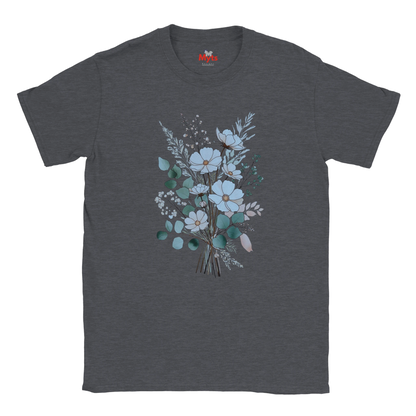 A dark heather gray crewneck t-shirt featuring a watercolor-style floral bouquet graphic in light blue, teal, and sage green tones on the front, displayed against a solid white background.