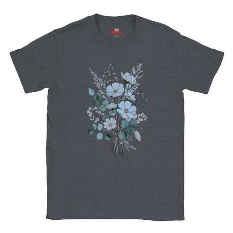 A dark heather gray crewneck t-shirt featuring a watercolor-style floral bouquet graphic in light blue, teal, and sage green tones on the front, displayed against a solid white background.