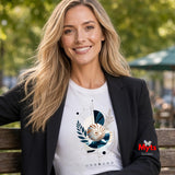 “Model wearing a white Coastal Nautilus T-shirt beneath a black blazer”