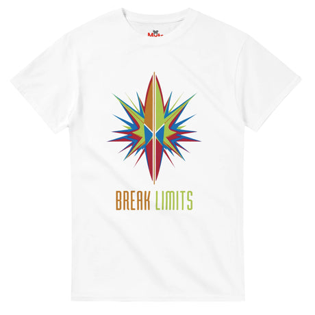 White t-shirt with a colorful star design and 'Break Limits' text on a white background