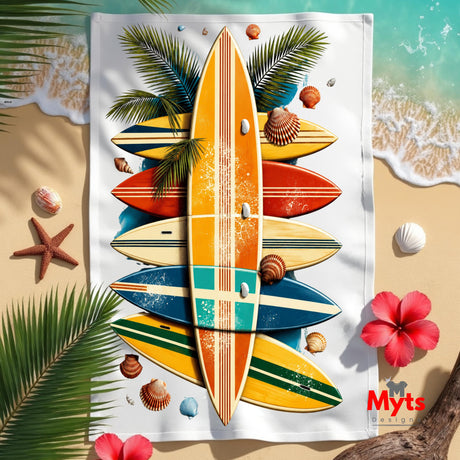 Colorful surfboard design on a towel with beach elements and Myts branding.