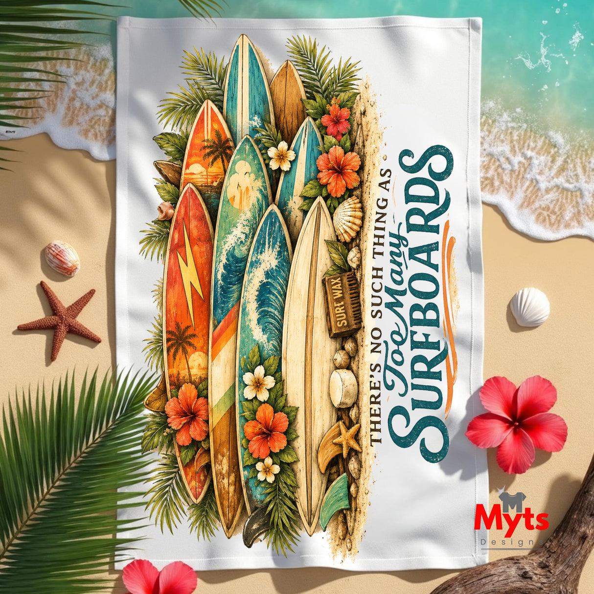 Towel with surfboard design and floral elements on a beach-themed background
