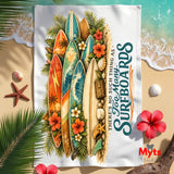 Towel with surfboard design and floral elements on a beach-themed background