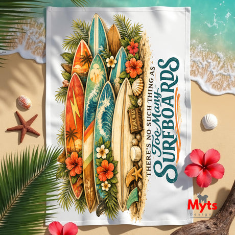 Towel with surfboard design and floral elements on a beach-themed background