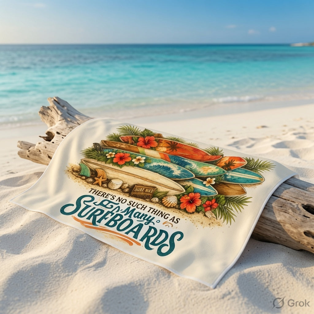 Towel with surfboard design and text on a sandy beach