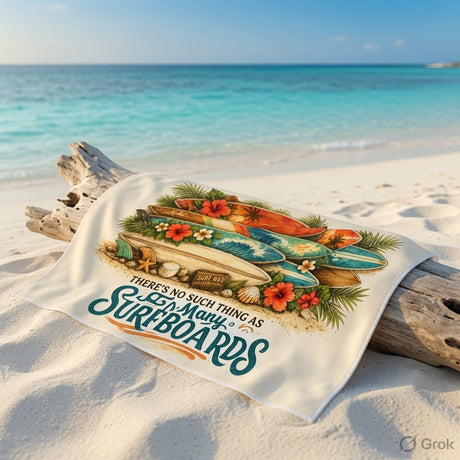 Towel with surfboard design and text on a sandy beach